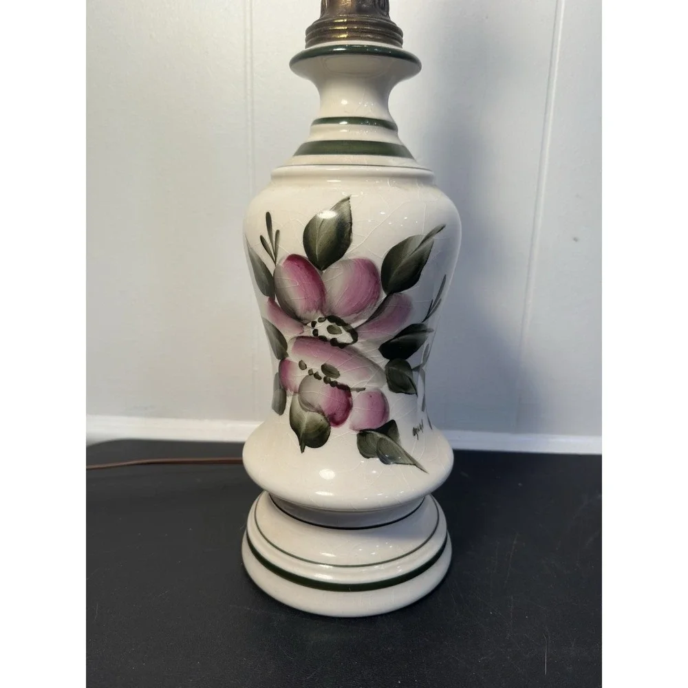VTG Hand-Painted Crackle Ceramic Table Lamp Pink Floral Brass Hollywood Regency‎